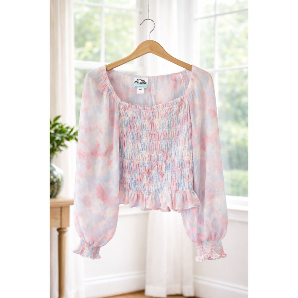 Gabriella Karefa-Johnson Smocked Tie Dye Blouse XXL Boho Crop Top